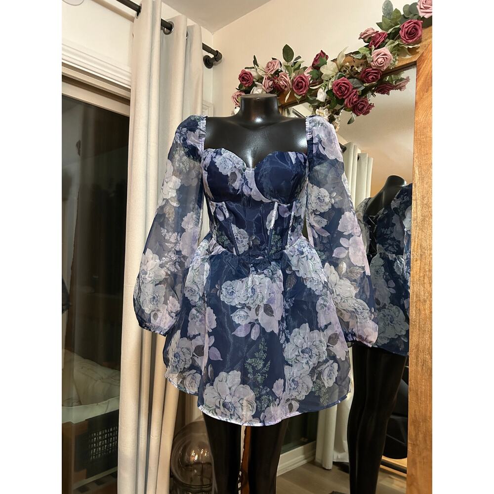NWT Lulus Positively Enchanting Blue Floral Organza Bustier Mini Dress Sz M - Picture 3 of 9
